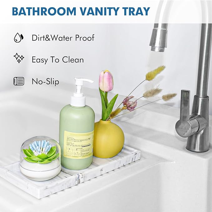 Bloss Bathroom Counter Marble Tray and Soap Holder - 15.7x5.9 inch Silicone Bathroom Vanity Trays, Marble Tray for Kitchen Counter, Toilet Tank Tray,Trays for Perfume, Jewelry,Candle, Key