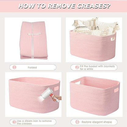 75L Large Woven Storage Basket, Pink Cotton Rope Laundry Hamper with Handles, 22”x17”x12” Rectangle Blanket Basket for Toys, Clothes, Pillows, Nursery and Living Room,Shelf Basket