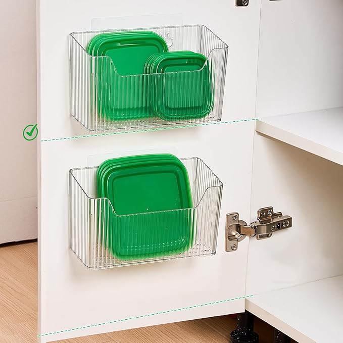 Sinnsally 2 Pack Cabinet Door Organizer,Self Adhesive Lid Organizer Inside Cabinet Storage Boxes,Stackable Hanging Basket Bins Wall Mounted Shower Caddy Holder for Kitchen,Bathroom,Pantry(Clear White)