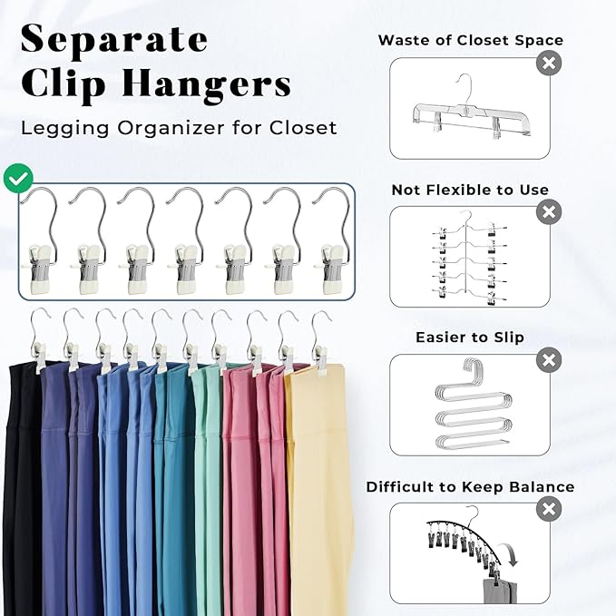 HOUSE DAY Legging and Yoga Pants Hangers with Clips 60 Pack, Closet Organizer Clips, Space Saving Hanging Clips for Hat, Bag, and Home Storage - Ivory