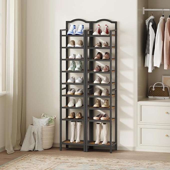 YATINEY 10-Tier Tall Shoe Rack, Vertical Shoe Organizer for Small Spaces, Wooden Shoe Shelf for Entryway, Space Saving Shoe Storage, Holds 10 Pairs of Shoes, Rustic Brown and Black SS50BR