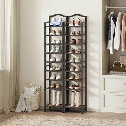 YATINEY 10-Tier Tall Shoe Rack, Vertical Shoe Organizer for Small Spaces, Wooden Shoe Shelf for Entryway, Space Saving Shoe Storage, Holds 10 Pairs of Shoes, Rustic Brown and Black SS50BR