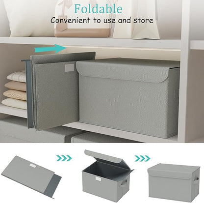 Storage Bins with Lids for Organizing, Closet Boxes with 2 Carrying Handles and Sturdy Heavy Cardboard, Home Organizers Cubes, 4 Pack, Grey, 15 x 9.8 x 9.8 In, XSNY12GL-4