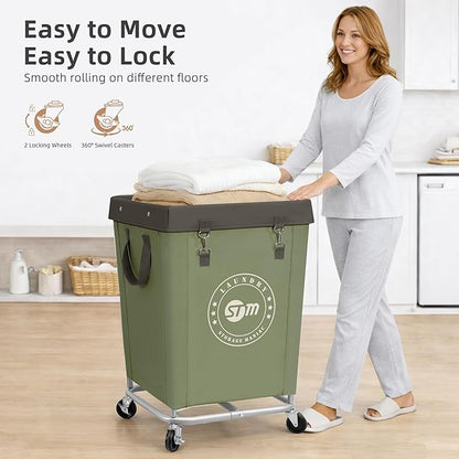 STORAGE MANIAC Commercial Laundry Hamper with Heavy Duty Steel Frame, 160 L Industrial Laundry Basket Cart with Wheels for Hotel, Home, Laundry Room, 18''L x 18''W x 31''H, Medium Green