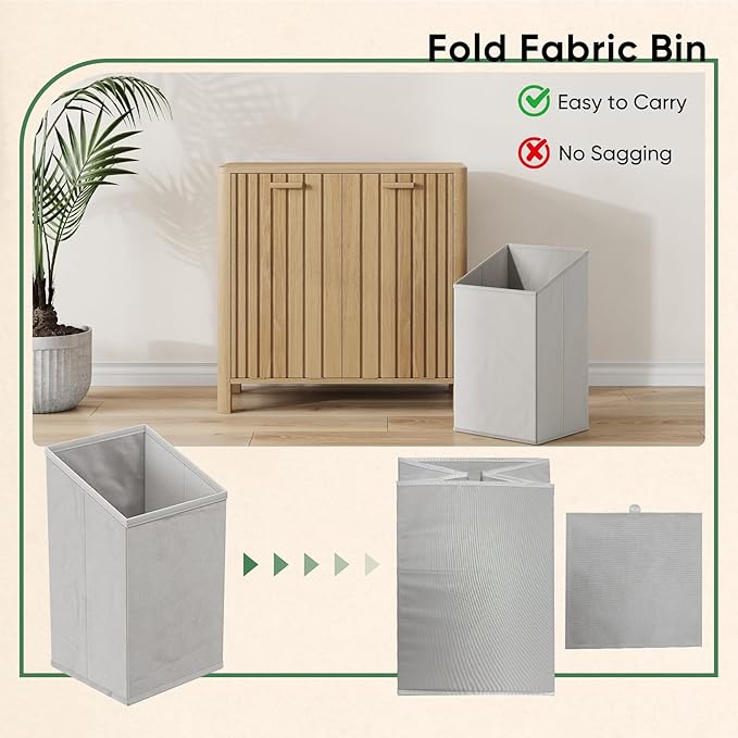 Double Tilt Out Laundry Hamper Cabinet, 11.8 Gallon Gradien Fluted Hidden Trash Cabinets with 2 Baskets for Bathroom Kitchen & Living Room, Freestanding Bathroom Storage Cabinet（Natural Oak）