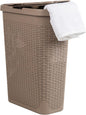 Mind Reader Slim Laundry Hamper with Lid, 40L Clothes Basket, Narrow Tapered Design with Ventilated Cutout Pattern, Plastic, Tan
