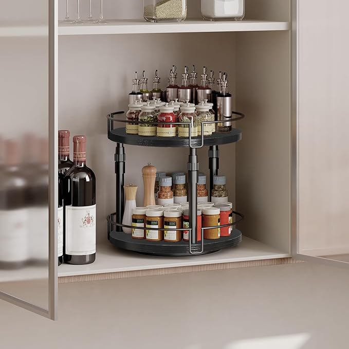 HOOBRO Lazy Susan Organizer Spice Rack, 2-Tier Height Adjustable Rotating Lazy Turntable Spice Organizer, for Kitchen Countertop and Cabinet, Black BB05TL01
