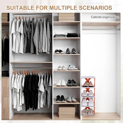 uxcell 4-Tier Plastic Shoe Rack, Vertical Shoe Rack Stackable Storage Organizer Folding Space-Saving Narrow Slot Shelf for Closet Livingroom Entryway Garage, White/Black
