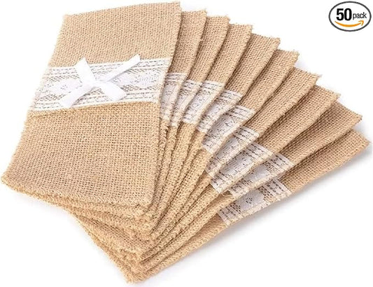 50 Pack Natural Burlap Cutlery Pouch,Burlap Silverware Holders Silverware Bags, Hessian Burlap Lace Utensil Napkin Holders, Knifes Forks Bag with Cotton Inner for Vintage Wedding Christmas