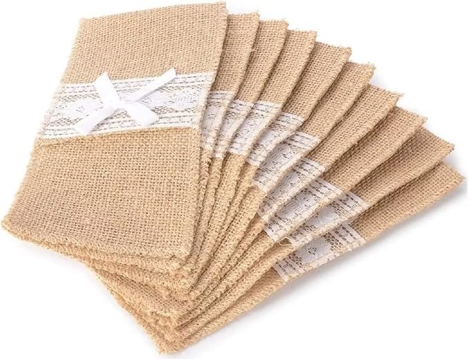 10 Pack Natural Burlap Cutlery Pouch,Burlap Silverware Holders Silverware Bags, Hessian Burlap Lace Utensil Napkin Holders, Knifes Forks Bag with Cotton Inner for Vintage Wedding Christmas