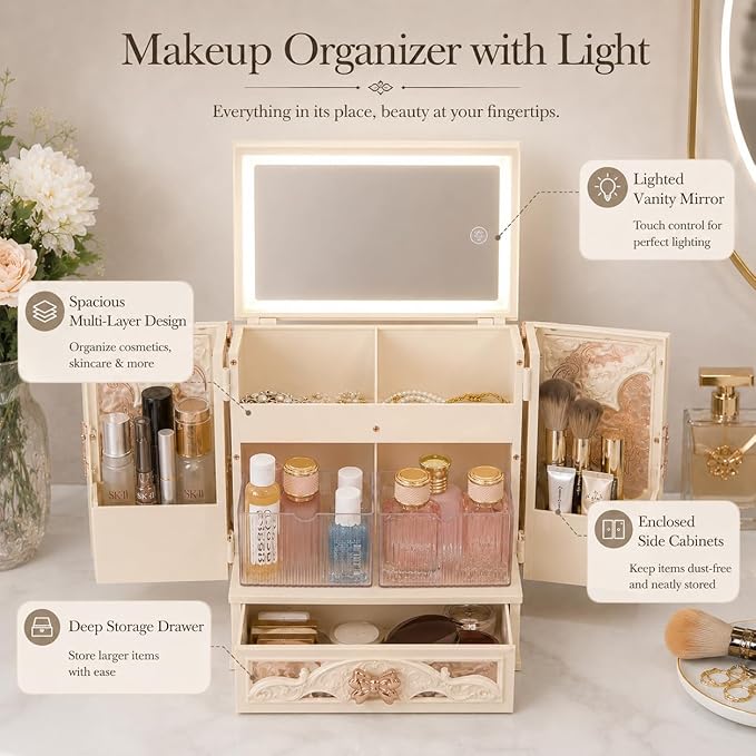 Lighted Vanity Makeup Organizer with Mirror, Large Vintage Cosmetic Storage Box with Drawers, Waterproof Dustproof Skincare & Beauty Organizer for Bathroom Counter, Gift for Women (Off-white)