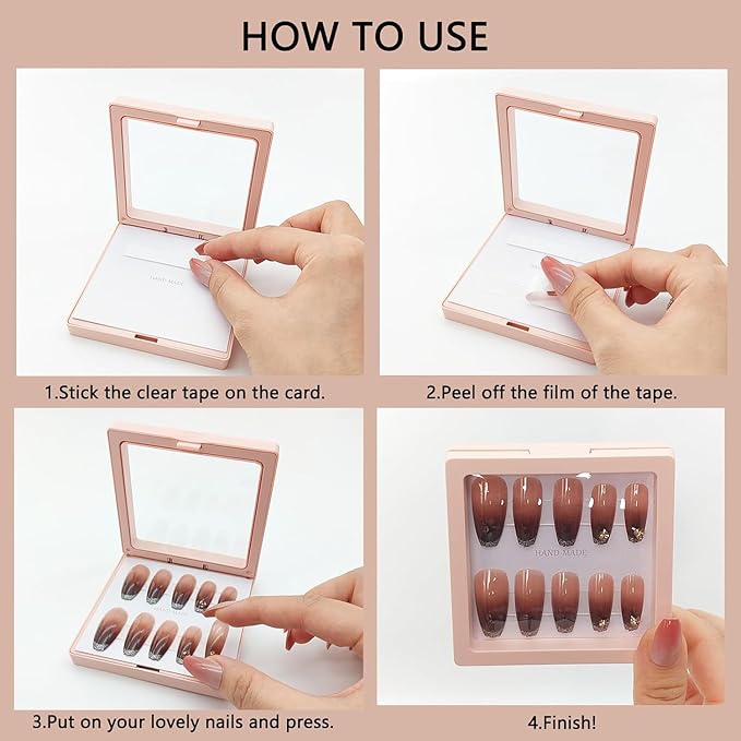Press On Nail Packaging Boxes 3D Floating Press On Nail Storage Box Nail Display Box with 60pcs Double Sided Adhesive Nail Display Tape for Nail Tech (Pink, 4.3 inch)