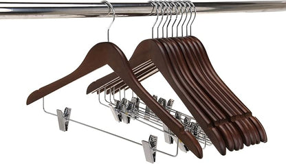 Quality Wooden Skirt Hangers with Clips 80-Pack Walnut Pants Hangers with Adjustable Chrome Metal Clips, Swivel Hook, Coat, Jacket, Blouse Suit Hangers (Walnut - Chrome Hook, 80)