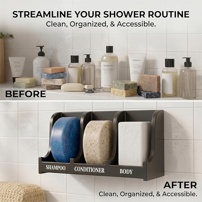 Soap Holder for Shower Wall, 3-Compartment Soap Dish for Shampoo, Conditioner and Body Soap, Fast Draining & Rust-Proof & Heavy Duty, Ultra-Strong Self Adhesive & Freestanding (Black, Label)
