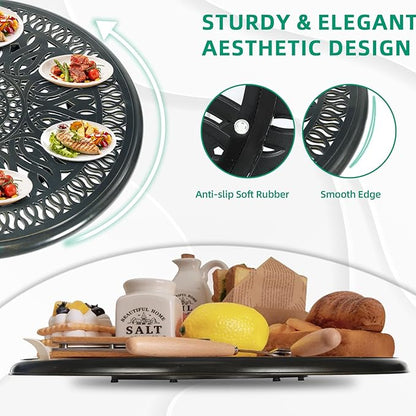 VIVIJASON 35.4" Cast Aluminum Lazy Susan Turntable, 360° Large Rotating Display Tray with Silent Bearings, Round Table Top Swivel Serving Plate with 2" Umbrella Hole for Outdoor Dining Table
