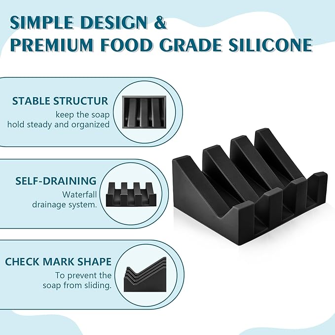 Self Draining Soap Dish Holder,Silicone Soap Dish,for Bathroom,Kitchen, Sponges，Can Extend Soap Life，Keep Soap Bars Dry and Easy Cleaning (Black,4-Pack)