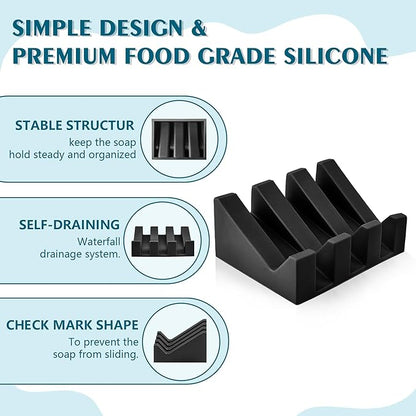 Self Draining Soap Dish Holder,Silicone Soap Dish,for Bathroom,Kitchen, Sponges，Can Extend Soap Life，Keep Soap Bars Dry and Easy Cleaning (Black,4-Pack)
