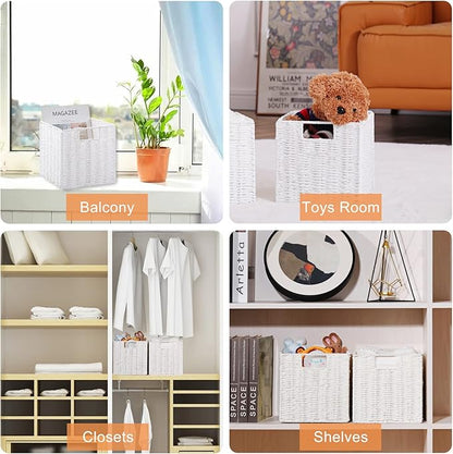Vagusicc Wicker Storage Basket, Set of 2 Hand-Woven Wicker Baskets for Organizing, Foldable Cube Storage Basket Bins, 13 Inch Large Wicker Storage Baskets for Shelves & Decor, White (13''x13''x13'')