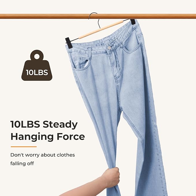 StorageWorks Pants Hangers with Clips, Wooden Clothes Hanger for Skirts, Jeans, Shorts, 10 Pack, Natural Wood Color