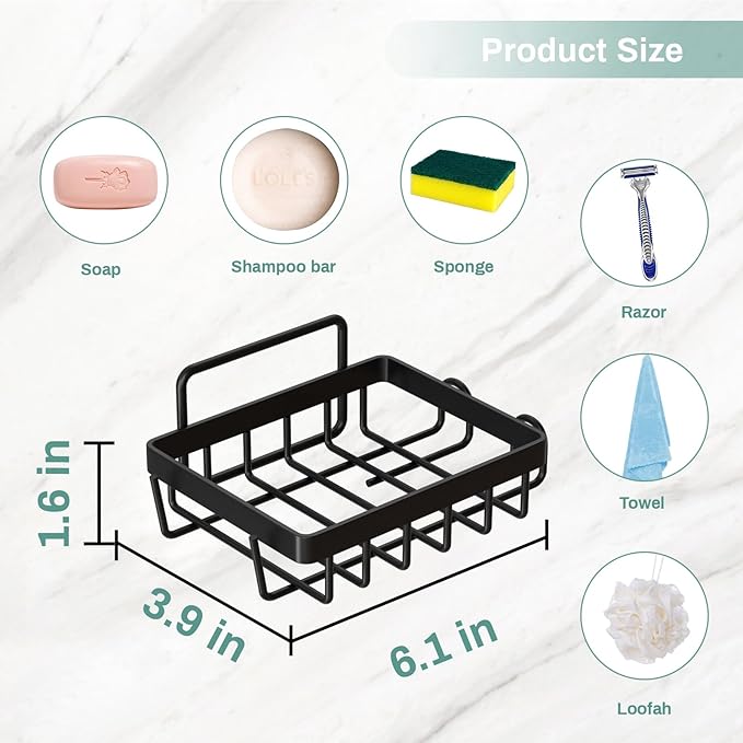 Adhesive Soap Bar Holder for Shower Wall, Self Draining Soap Dish Container Caddy Saver with 2 Hooks for Razor Loofah, Shampoo Sponge Tray Case Box for Bathroom Kitchen Sink, Black