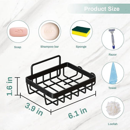 Adhesive Soap Bar Holder for Shower Wall, Self Draining Soap Dish Container Caddy Saver with 2 Hooks for Razor Loofah, Shampoo Sponge Tray Case Box for Bathroom Kitchen Sink, Black