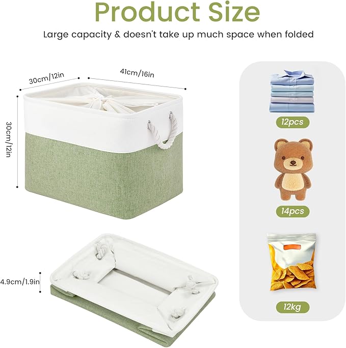 Large Storage Baskets- 16x12x12 inch Storage Bins for Shelves and Closet Organizing, Foldable Fabric Bin for Home Organization Clothes and Laundry (1-Pack, White&Green)