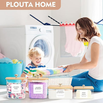 4 Pack Laundry Room Organization Storage Containers, Plastic Clear Laundry Pods Container & Dryer Sheet Holder Jars with Lids, Scoops & Labels for Detergent, Powder, Dryer Balls, Beads
