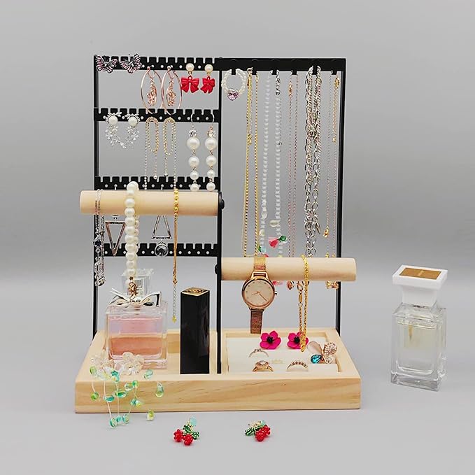 Jewelry Organizer Stand 4-Tier Hanging Jewelry Organizer Holder Display Stands for Earrings Necklaces Bracelets Rings Watches (4-Tier Burlywood)…