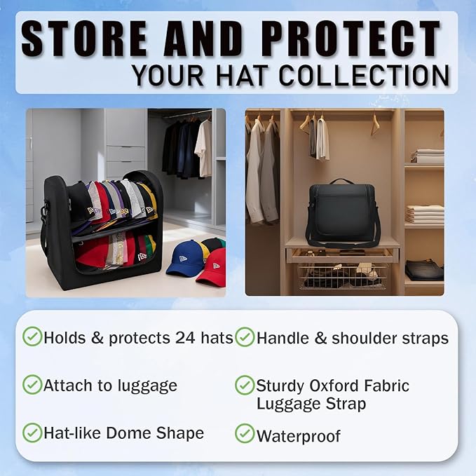 Large Hat Bag for Baseball Caps, Portable Hat Organizer Carrier for Travel, Hat Storage Box Holder for 24 Snapback Caps, Baseball Cap Traveling Case for Men, Black, and Gift Hat Hooks
