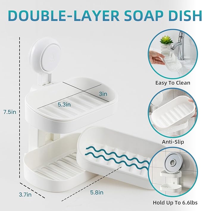 TAILI Soap Holder Soap Dish for Shower, Suction Cup Soap Holder for Shower Wall, Bathroom Accessories, Removable Strong Hold Soap Saver, Drill Free, White 2 Layer