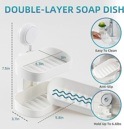 TAILI Soap Holder Soap Dish for Shower, Suction Cup Soap Holder for Shower Wall, Bathroom Accessories, Removable Strong Hold Soap Saver, Drill Free, White 2 Layer