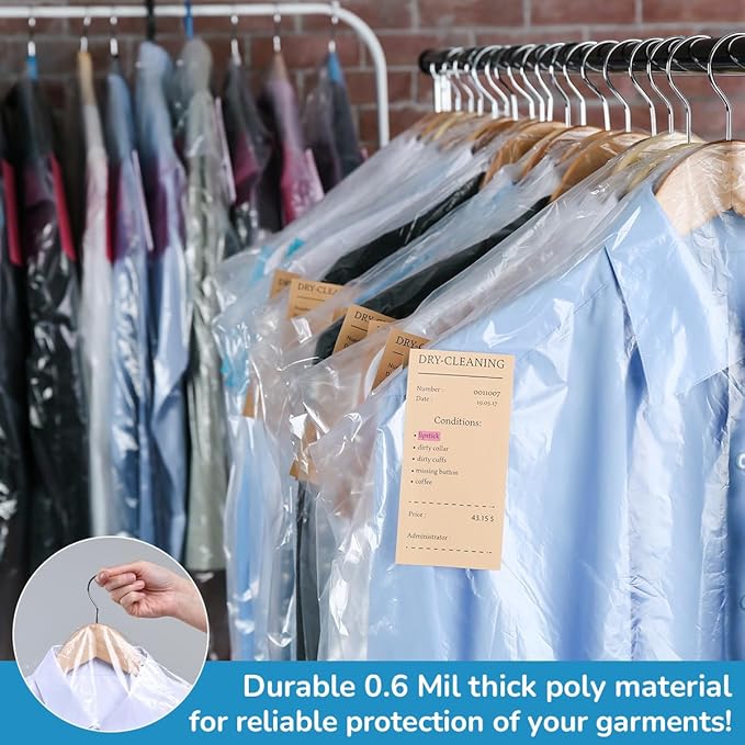 Clear Garment Bags, 0.6 Mil Plastic (21"x7"x72"), 260 Bags/Roll, Transparent Dress Covers for Storage, Travel and Dry Cleaning