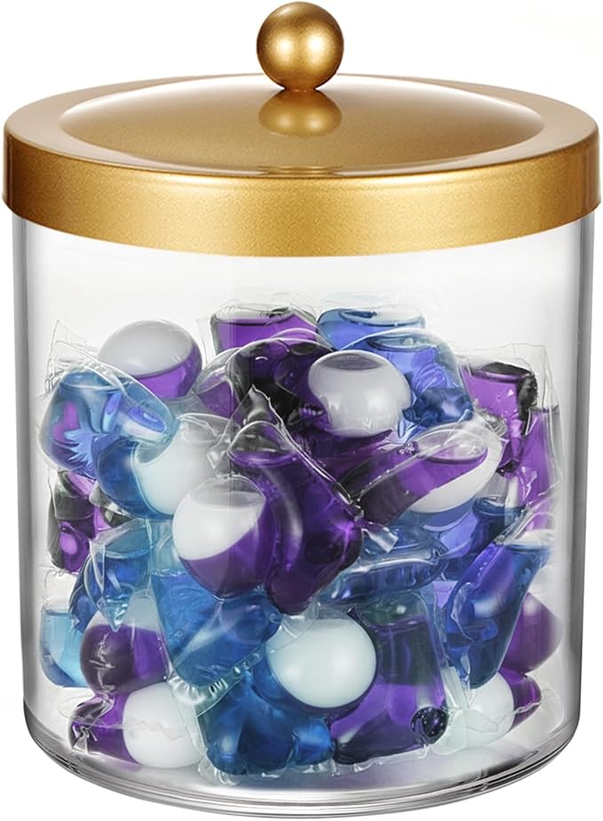 Amolliar 50 Oz Apothecary Jar - Clear Container with Stainless Steel Lid, Plastic Jar for Laundry Room Organization & Pods Storage, Bathroom Vanity Organizer, Kitchen Countertop Cantainer (Gold)