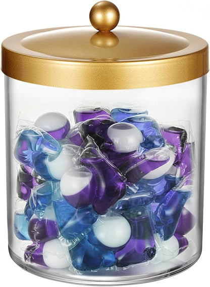 Amolliar 50 Oz Apothecary Jar - Clear Container with Stainless Steel Lid, Plastic Jar for Laundry Room Organization & Pods Storage, Bathroom Vanity Organizer, Kitchen Countertop Cantainer (Gold)