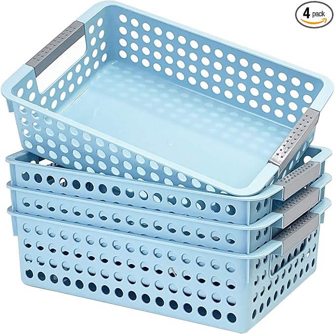 Soddeph 4 Pack Small Plastic Storage Baskets for Organizing, Stackable Bins with Handles for Shelves, Multipurpose Drawer Trays (Blue)