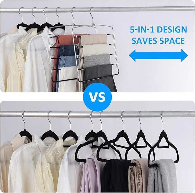 Pants Hangers 4 Pieces,5 Tier Closet Organizers and Storage Clothes Hanger,Hangers Space Saving with Swing Arm,Multiple Metal Hanger Clothes Organization for Pants Trousers Jeans Leggings Slacks