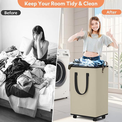 SpaceTrove Laundry Basket with Wheels, Collapsible Laundry Baskets, Laundry Hamper with Handles Detachable Wheels, Rolling Laundry Basket, Dirty Clothes Hamper for Bathroom, Dorm, Bedroom, Beige, 80L