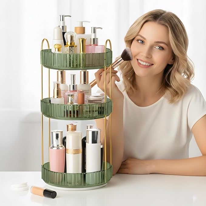 360° Rotating Makeup Organizer for Vanity, 3 Tier Perfume Organizers Skincare Organizers and Storage for Bathroom Countertop, Spinning Cosmetic Organizer for Bedroom Dresser Counter (Green)