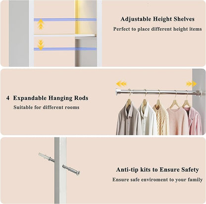 100'' Closet System with 4 Hanging Rods & LED Lights, 2-8 FT Wood Closet Organizer Systems with 5 Shelves, 6 Height Adjustable, Walk-in Closet Organizer Wardrobe Clothes Rack, Garment Rack, White