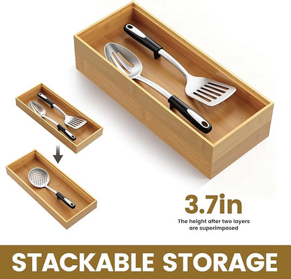Bamboo Drawer Organizer, Stackable Utensil Trays for Kitchen, Wood Silverware Organizer for Drawer, Set of 2-15"x6"x2"