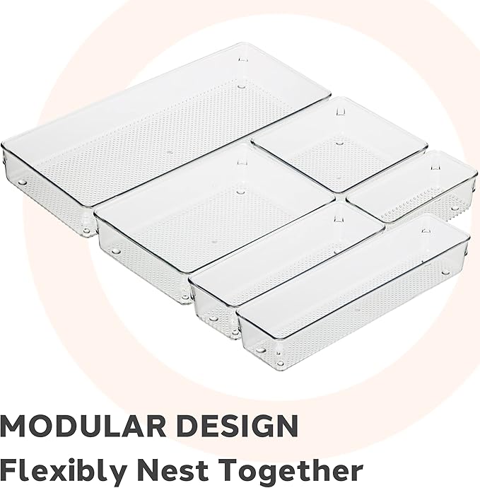 Oggi Clear Drawer Organizer - 6" X 15" - Ideal for Organizing Kitchen Drawers, Office, Desk, Silverware, Kitchen Utensils, Cosmetics and Bathrooms (Pack of 2)