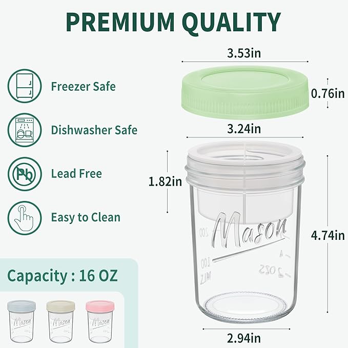 Xyptorix 16 oz Overnight Oats Containers with Lids, 4-Pack Leak-Proof Wide Mouth Mason Jars & Separate Compartments for Fruits/Nuts, Airtight Glass Jars for Chia Pudding, Yogurt, Parfait and Salad