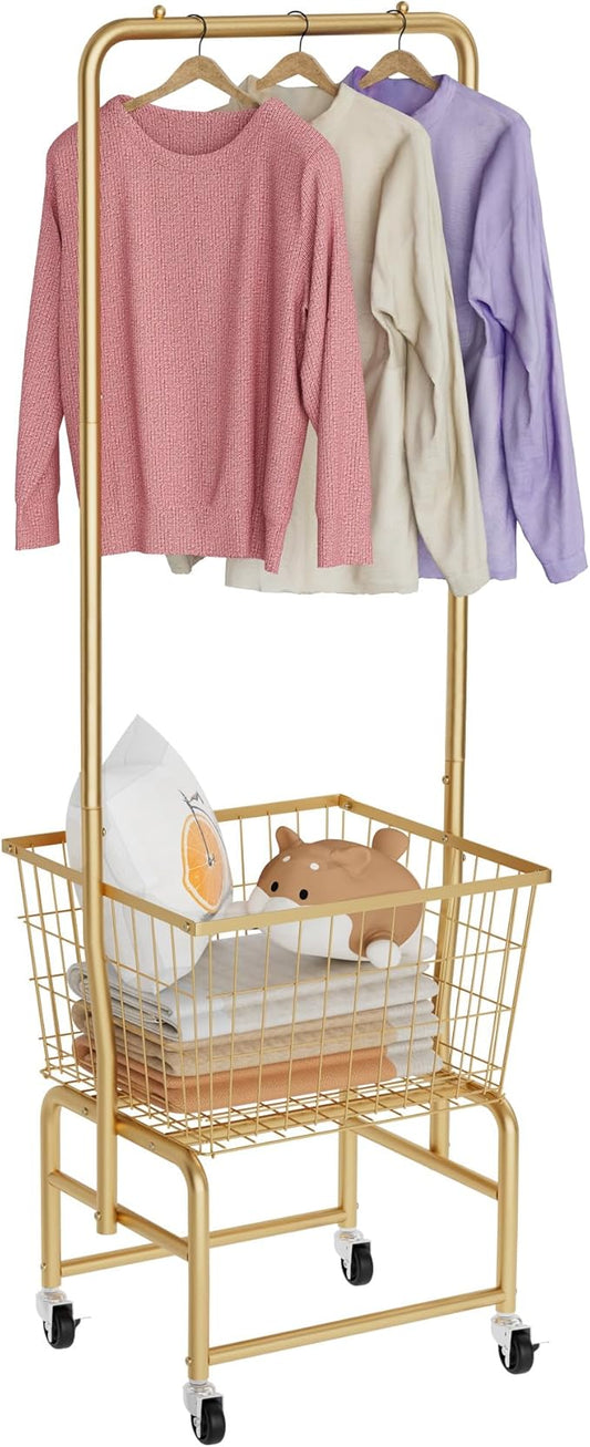 Rolling Laundry Cart with Wheels, Laundry Hamper Basket Organizer with Clothes Hanging Rack, Wire Storage Cloth Shelf Butler, Golden