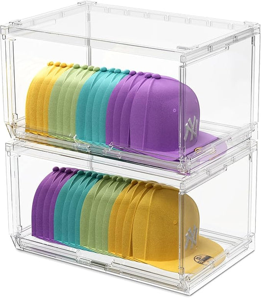 SCAVATA 2 Pack Large Hat Organizer Box, Stackable Clear Baseball Caps Holder Box Containers with Sliding Door for Hats Snapback Cap Storag, Hat Rack Display Case, Holds 20 Hats Each -Clear