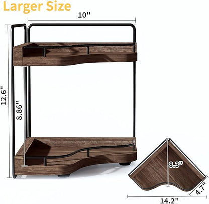 2-Tier Corner Bathroom Counter Organizer with Embedded Screw Holes, Secure & Stable Wood Vanity Shelf for Makeup and Skincare Essentials - Space Saving Bathroom Countertop Storage, Dark Brown