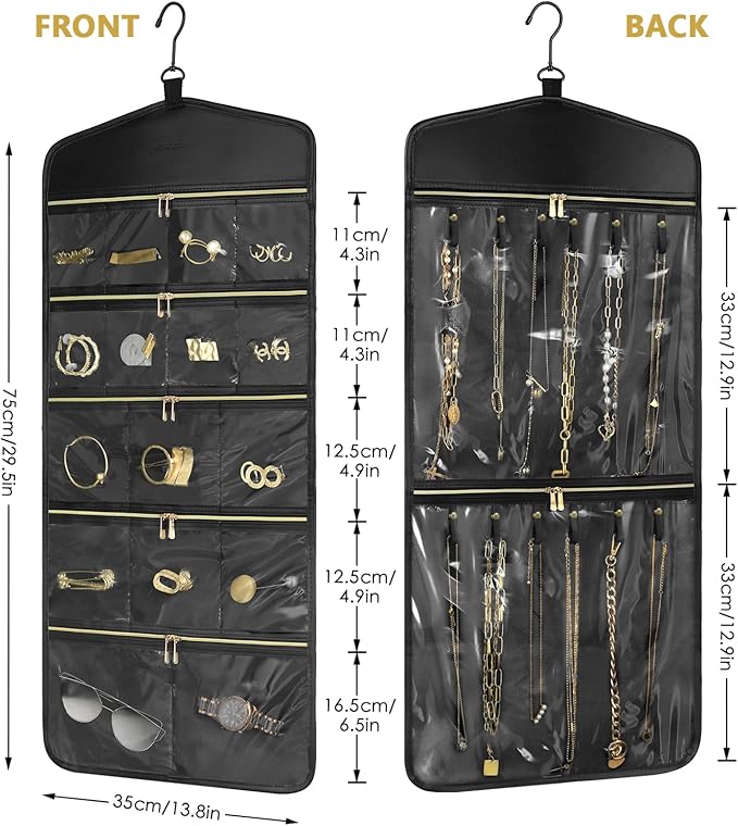 CHICECO Travel Jewelry Holder Organizer,Hanging Jewelry Organizer Storage With Zippered Pockets for Cloest,Wall,Door,Jewelry Holder for Earrings, Necklaces（Upgrade Black）