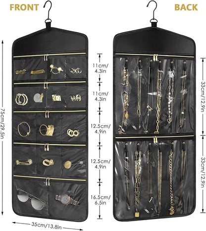 CHICECO Travel Jewelry Holder Organizer,Hanging Jewelry Organizer Storage With Zippered Pockets for Cloest,Wall,Door,Jewelry Holder for Earrings, Necklaces（Upgrade Black）