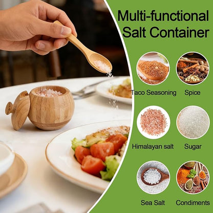 Bamboo Salt Cellar with Lid and Spoon, 1/2 Cup Wooden Spice Box Storage Container for Kitchen and Restaurant Countertop, Organizes Himalayan Pink, Kosher, Sea Salts & Herbs