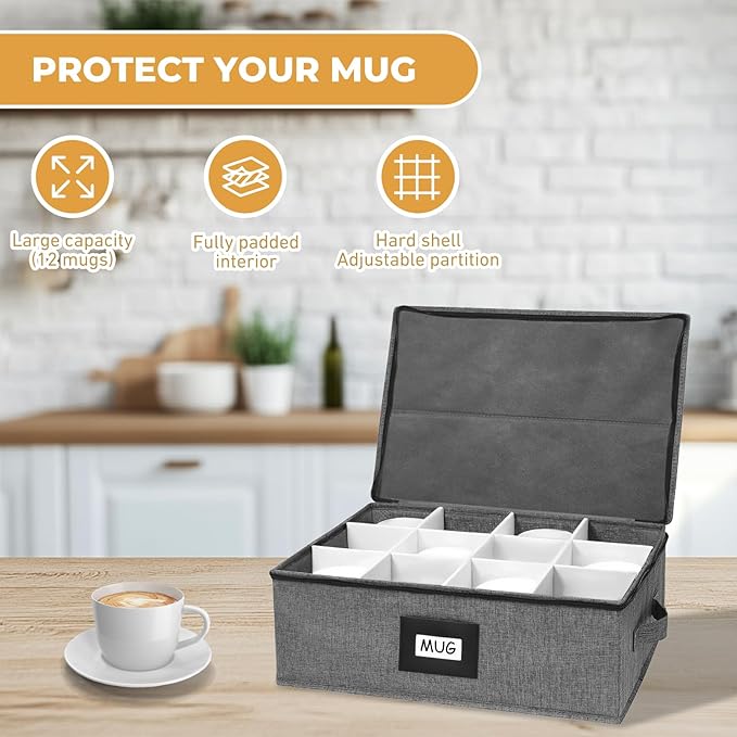 HURZMORO Mug Storage Box with 12 Compartments, Gray Hard Shell Container, Padded Dividers, Dual Handles, Zipper Lid for Coffee Cup Organization and Moving(2, Coffee Cup Storage Box)