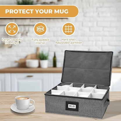 HURZMORO Mug Storage Box with 12 Compartments, Gray Hard Shell Container, Padded Dividers, Dual Handles, Zipper Lid for Coffee Cup Organization and Moving(2, Coffee Cup Storage Box)